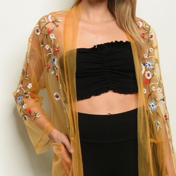 Gold Long sleeve mesh embroidery duster kimono - Picture 2 of 6